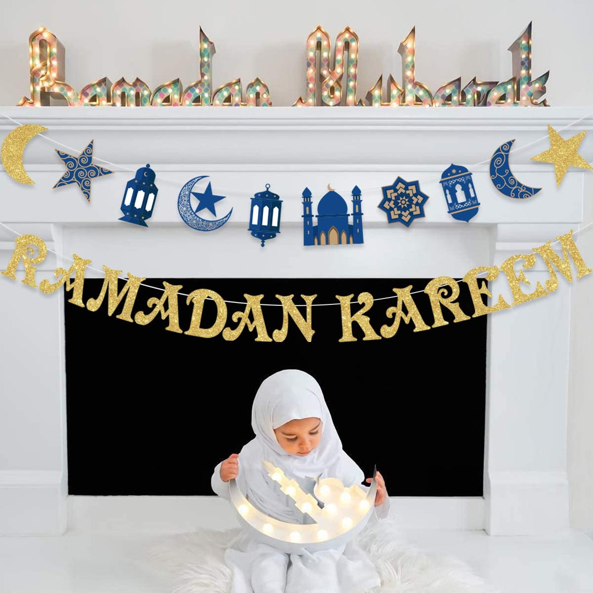 Decorazione Ramadan Mubarak - Ghirlanda Con Stella Luna E Lanterna - Banner Eid Oro