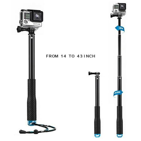 mystery waterproof gopro handle grip extendable selfie stick telescoping monopod tripod self timer for gopro hero sjcam xiaomi yi action cameras and many other same mount cameras (14-43 inch) (blue)