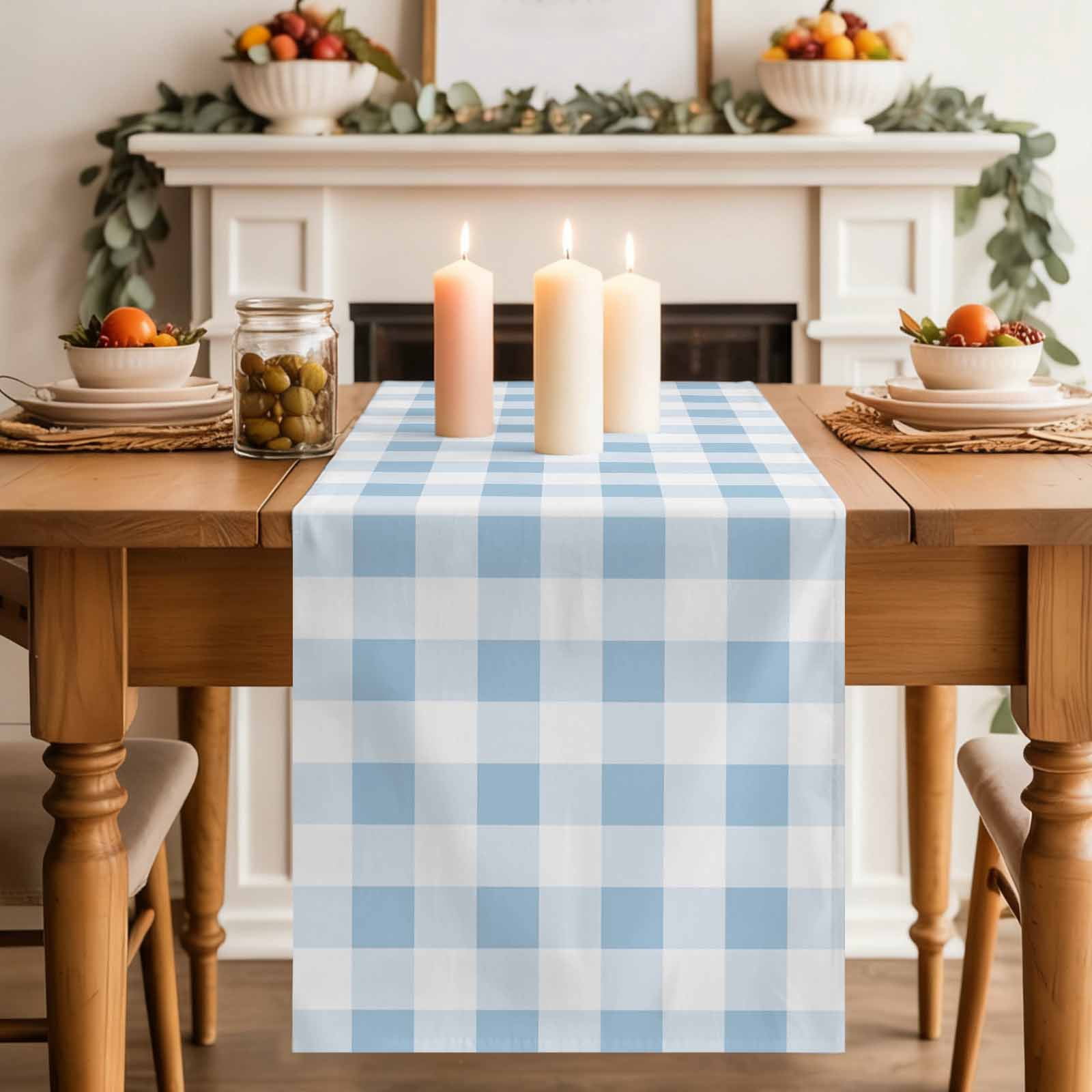 Simple Spring Blue White Lattice Table Runner 90 Inches Long,Kitchen Dining Tablerunners Farmhouse Simplistic Gingham Linen Table Runners Dresser Scarves for Home Dinner Wedding Holiday Party Decor