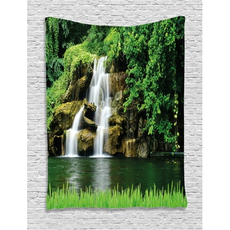 Green Tapestry - Waterfall Tapestry, Double Waterfalls Flow to Natural Green Lake with Bushes and Grass like Garden Print, Wall Hanging for Bedroom Living Room Dorm Decor, Green, by Ambesonne
