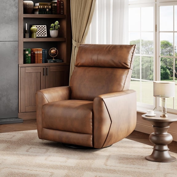 Power Recliner Chair, Swivel Rocker Chair for Adults, Upholstered Fabric Glider Recliner Nursery Chair with USB Ports, Ergonomic High Back Single Sofa Seat for Living Room, Brown