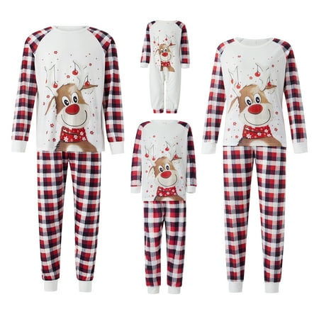

One opening Family Matching Christmas Pajamas Outfit Cartoon Elk Plaid Print Crew Neck Ribbed Cuffs Tops + Elastic Waist Pants Parent-Child Clothing for Adult Kids Baby