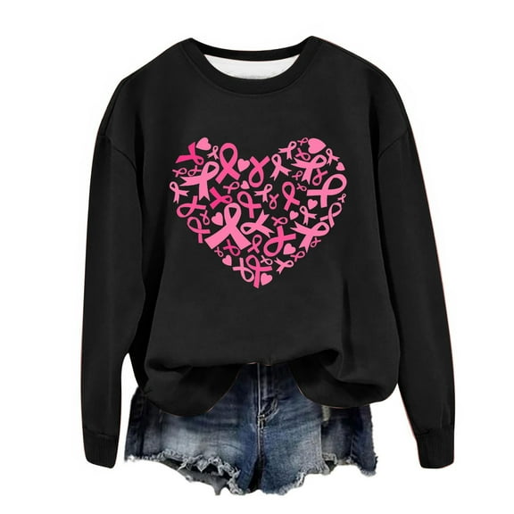 Hifoo Women's Sweatshirt Heart Pink Ribbon Printed Round Neck Long Sleeve Thin Hoodie Autumn Pullover Soft Dailywear