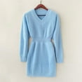 thumbnail image 3 of Women V Neck Shoulder Drop Long Sleeve Waistband Woolen Dress Women's Knitted Dress Autumn And Winter New Distressed Sweater Dress Women Sweater Dresses for Women Wrap plus Size Dresses Cute Dresses, 3 of 8