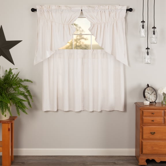 VHC Brands Simple Life Flax Antique White 4 PC Curtain Set (2 Prairie Swag 36x18 and 2 Tier 36x36)