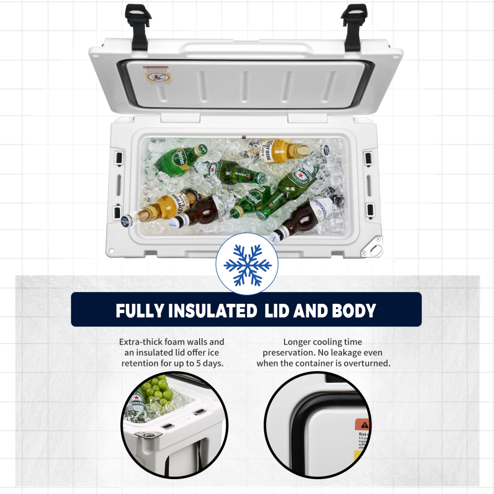 35 Qt Rotomolded Insulated Cooler, White Heavy Duty Ice Chest with 5-Day Ice Retention for Camping, Beach and Outdoor Activities