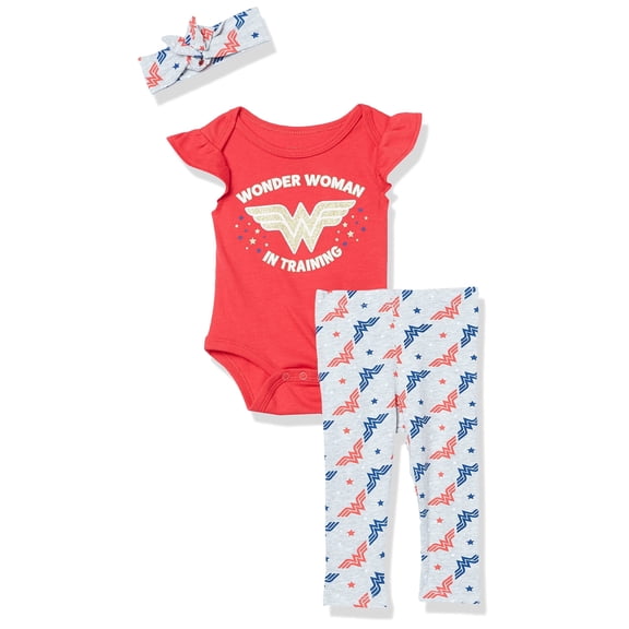 Wonder Woman Logo 3-Piece Bodysuit and Pants Set w/ Headband-6-9 Months