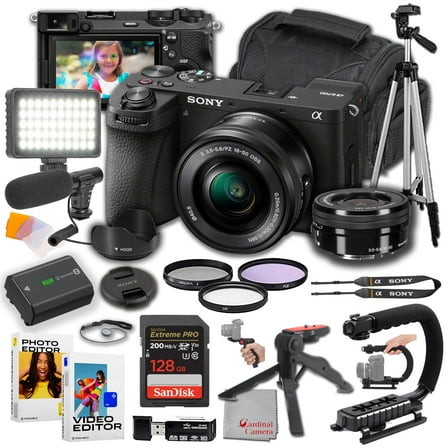 Sony a6700 Mirrorless Camera with 16-50mm Lens | 26MP | 128GB Extreme Memory, Microphone, LED Video Light, Editing Software, U-Grip, and Tripod Bundle