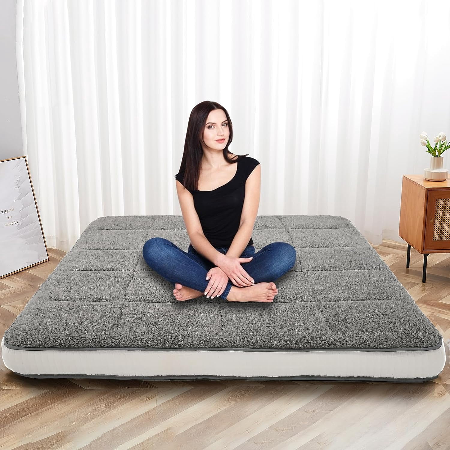 Slsy Winter Fleece Japanese Futon Floor Mattress, 4" Thick Fluffy Plush Reversible Shaggy Mattress, Cozy Sherpa Folding Roll Up Mattress, Fuzzy Faux Fur Sleeping Pad