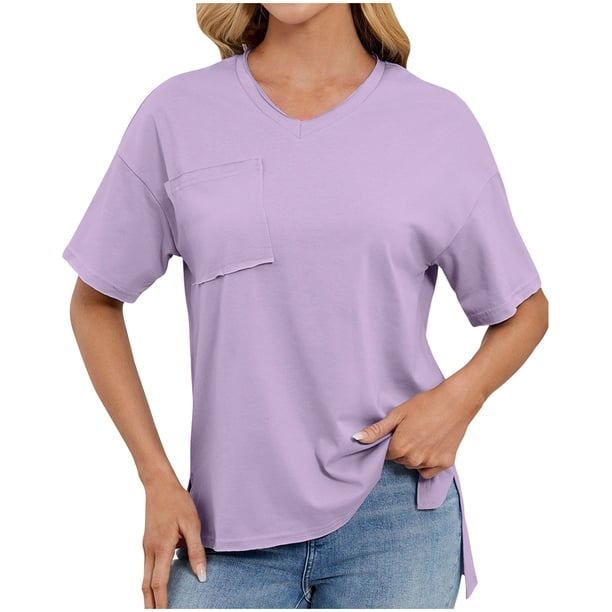 Camiseta de Manga Corta de Bolsillo de Cuello en V de Color Sólido, con Detalle Del Doblado de la Hendidura para el Uso Diario Y de Ocio