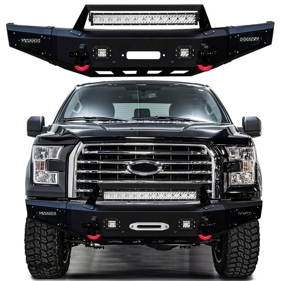 Vijay Compatible with 2015-2016-2017 Ford F150 Front Bumper Textured Black Steel with Lights and D-rings