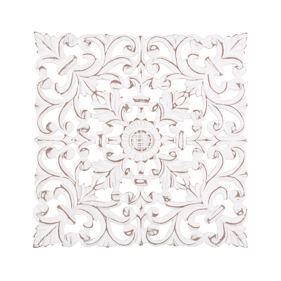MH London Malbec Wall Medallion Wall Decor Set of 2, Hand Carved Engineered Wood, Decorative Wall Art Panels, 15.5 x 15.5 in, Distressed White