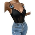 thumbnail image 3 of Seyurigaoka Women's Deep V Neck Bodysuit Sleeveless Contrast Mesh Underwire Teddy Lingerie with Butterfly Appliques, 3 of 7