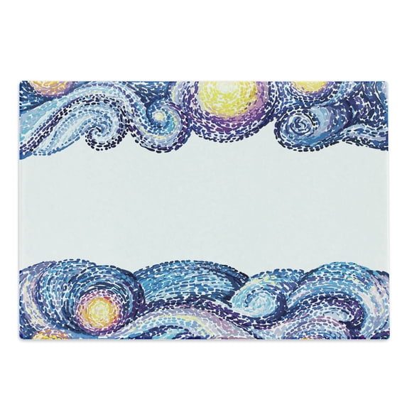 Starry Night Cutting Board, Dots Wave Design with Watercolor Brush Strokes Nautical Inspirations, Decorative Tempered Glass Cutting and Serving Board, Large Size, Multicolor, by Ambesonne