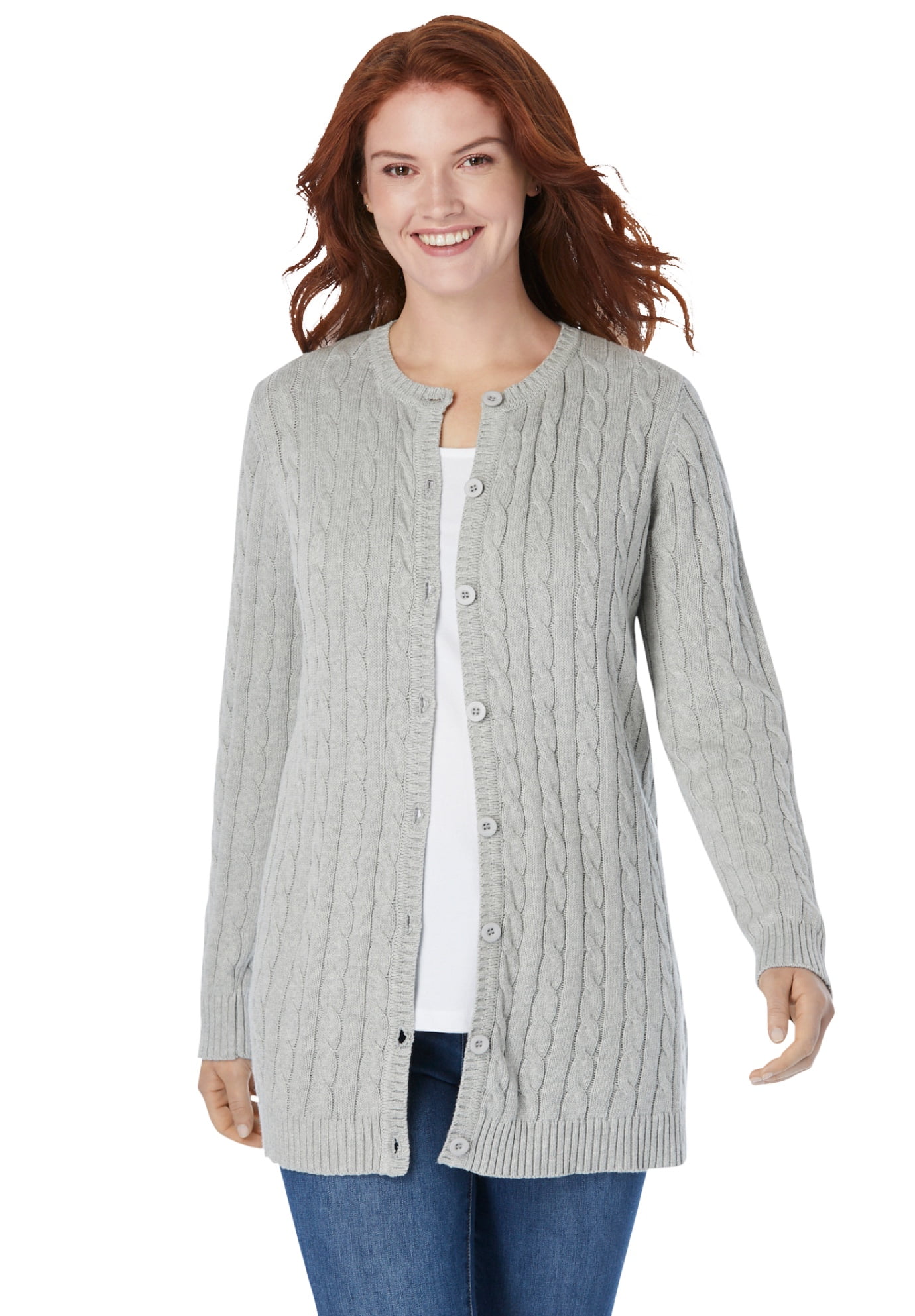 Woman Within Womens Plus Size Open Front Cable Cardigan 