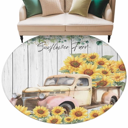 Round Rug 5ft Area Rug Farmhouse Vintage Truck Sunflower Area Rugs for Living Room Bedroom Spring Flower Leaf Wood Floor Mat Non-Slip Non-Shedding Carpet Indoor Accent Rugs