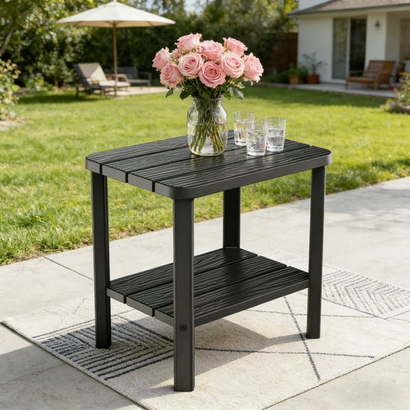 Outdoors 2-Tiers Coffee Table - All Weather Use Rectangle Patio Coffee Table HDPE Durable for Outside Garden Lawn Porch Balcony, Black,16.46x12.52x16.46 inches