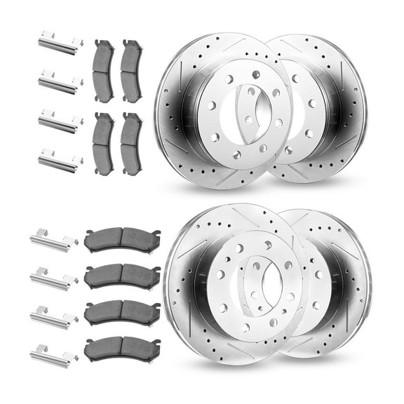 KFFKFF Front and Rear Brake Kit Compatible with 2002-2006 Chevrolet Avalanche 2500 (8 Lug), 2002-2004 Chevrolet Silverado 2500 (Manual Transmission Models), Drilled and Slotted Rotors