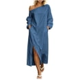 thumbnail image 2 of Guieoi Shift Dresses for Women 2026 Fall Off-Shoulder Long-Sleeve Slit Dress with Pockets Loose-Fit Maxi Casual Dress Blue XS, 2 of 5