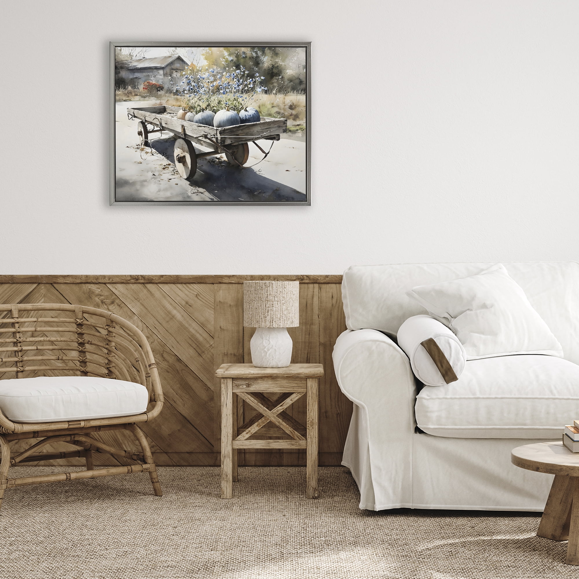 Stupell Industries Blue Pumpkin Wagon in Sunlight Gray Framed Floater Canvas Wall Art, design by Franklyn Gregory