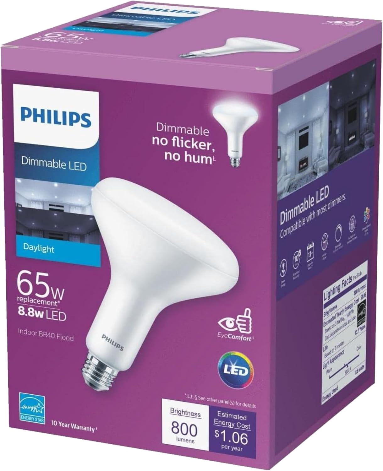 Philips LED Frosted Dimmable BR40 Light Bulb - EyeComfort Flicker Free - 8.8W = 65W - 800 Lumen - Daylight (Pack Of 3)