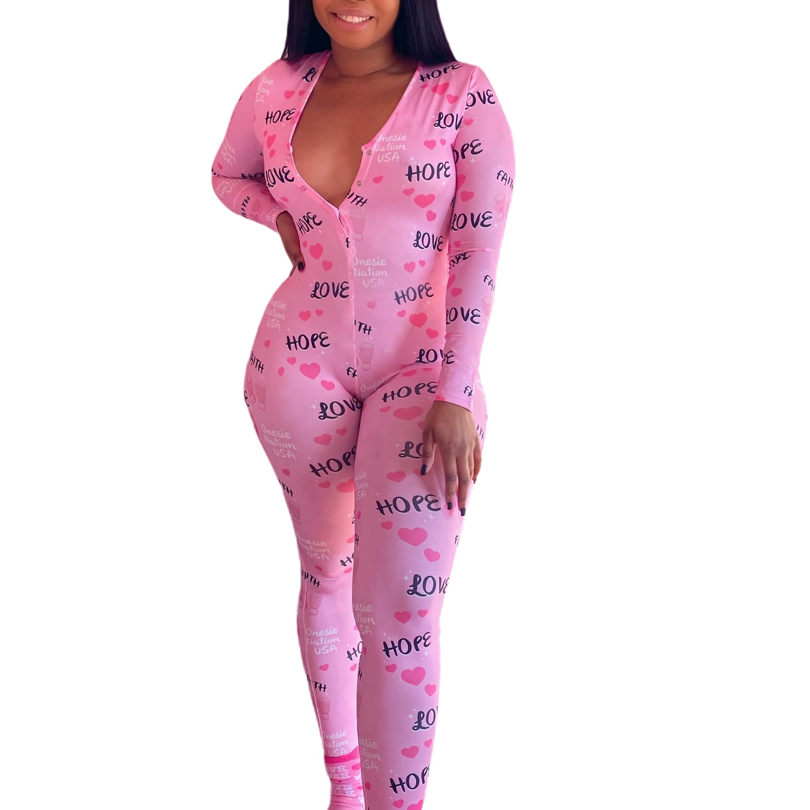 Onesies for Women Butt Flap Soft Dot Print Funny Pajamas Functional Butt Buttoned Back Flap Jumpsuit V Neck Long Sleeve One Piece Bodycon Rompers Onesies Homewear Sleepwear