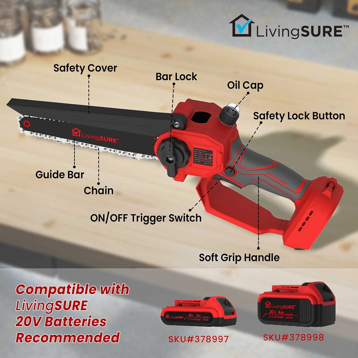 8" Cordless Mini Chainsaw by LivingSURETM Portable Cordless Electric Chain Saw, Rechargeable Battery Power Cutting Handheld Saw -Tree Branch Wood Cutting, Gardening Tool – Battery Not Included