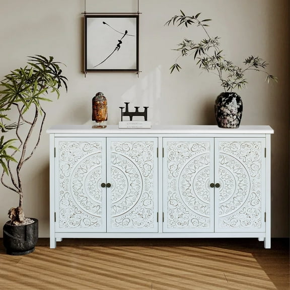 HIUU Antique White Sideboard Buffet Cabinet with Storage,Vintage Decorative Accent Cabinet,Carved Wood Sideboard Buffet Cabinets with 4 Doors