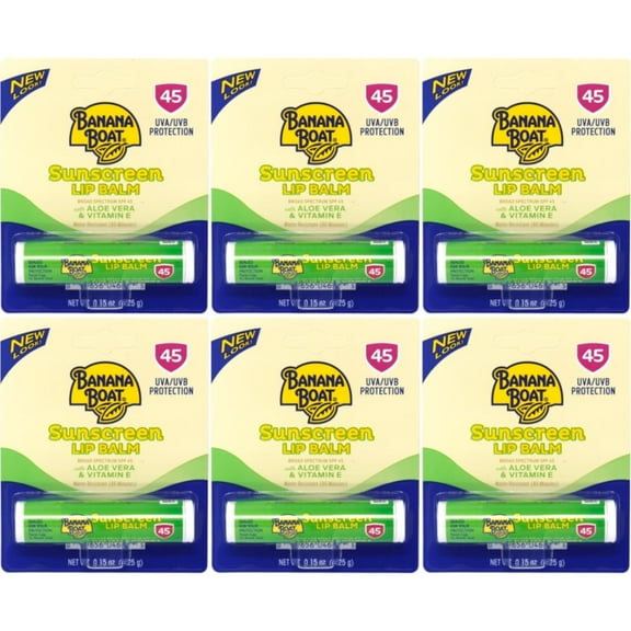 6 Pk Banana Boat Aloe Vera with Vitamin E Sunscreen Lip Balm, SPF 45 - .15oz Ea