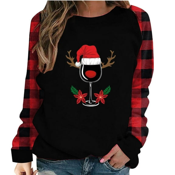 Plus Size Round Neck Sweatshirt for Women Long Sleeve Plaid Patchwork Pullover Winter Casual Printed Tops