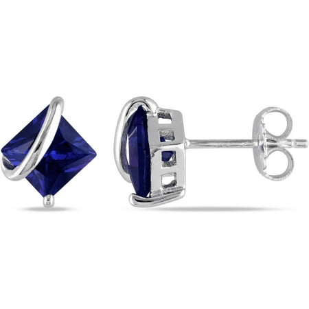 - 2-2/3 Carat T.G.W. Square-Cut Created Blue Sapphire Sterling Silver Swirl Earrings