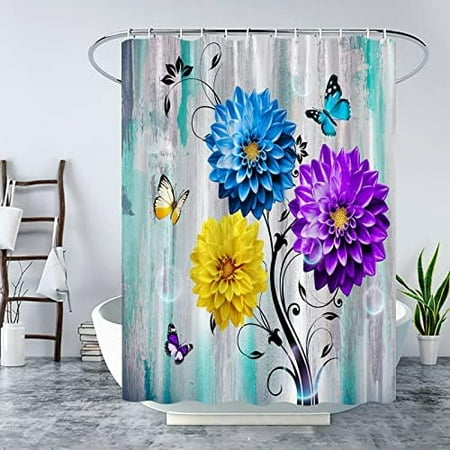 

Rustic Dahlia Floral Shower Curtain Blue Purple Yellow Flower Butterfly Bubble Vintage Shabby Grey Wooden Board Barn Plank Spring Country Farmhouse Decor Fabric Bathroom Curtain with Hook