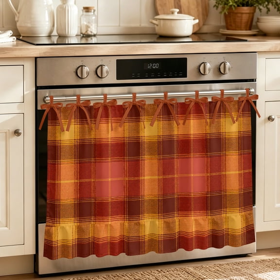 Oven Skirt Curtain for Kitchen 21.5x30 Inch, Red Brown Plaid Oven Curtain with 8 Ribbon Ties & Ruffle Trim, Stove Skirt Curtain Dishwasher for Cabinets Over Sinks Farmhouse Vintage Rustic Checkered