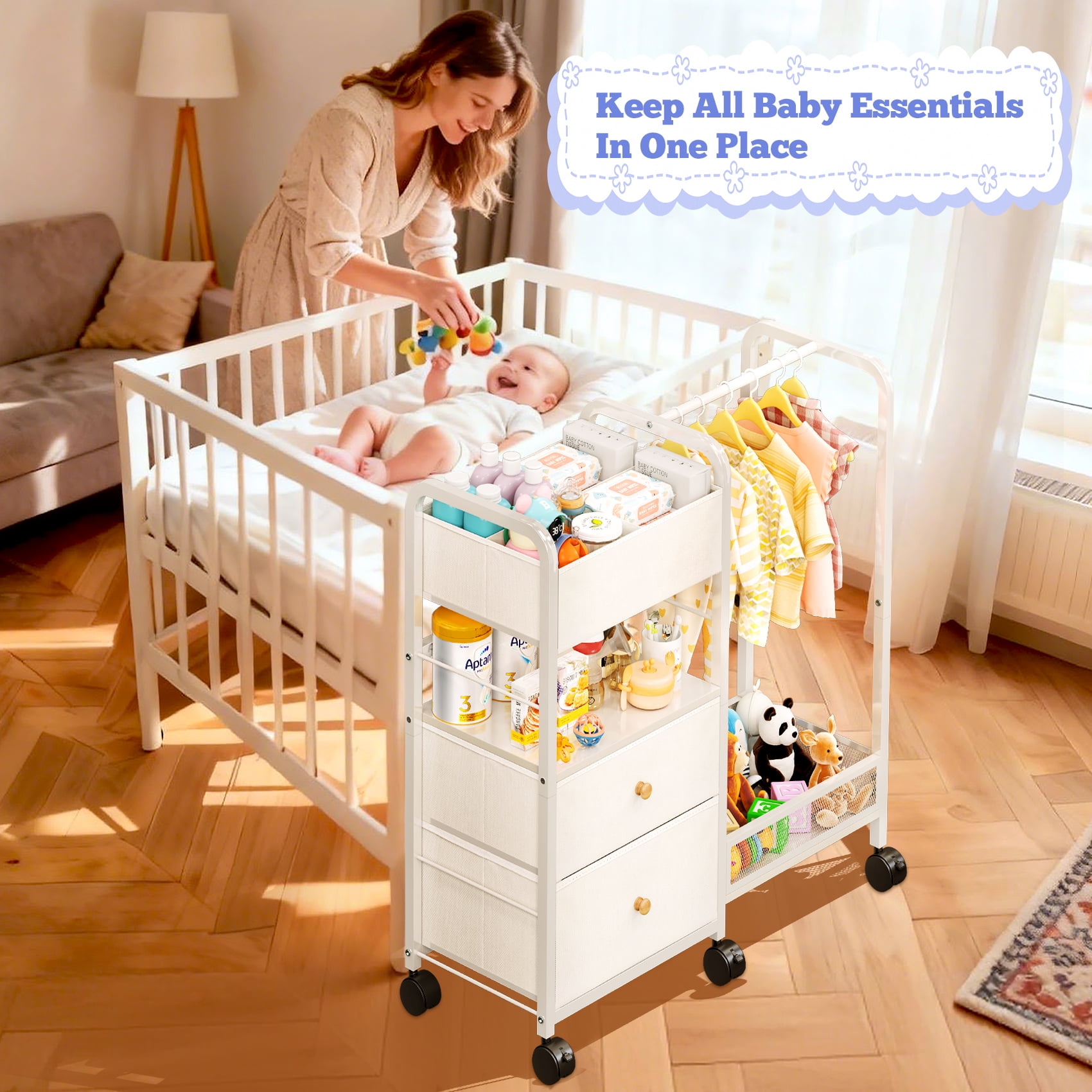 TC-HOMENY Baby All Essentials Diaper Toys Organizer Cart with 3-Tier Side Storage Space, Stroller Nursery Essentials & Craft Organizer Rolling Utility Cart, Kids Garment Rack w/ 1 Hanging Rod, White