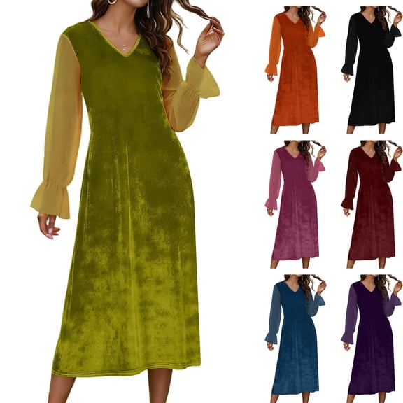 Jinhomg Women Velvet Maxi Dress Chiffon Patchwork Long Sleeve V Neck Cocktail Dresses A-Line Flowy Tunic Dress Wedding Guest Dresses