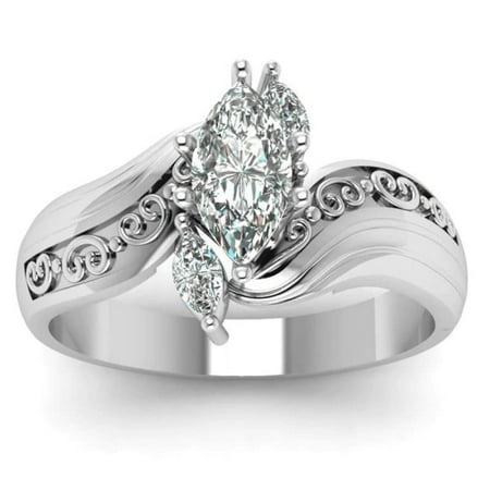 HeartsAndYou 2ct Marquise Cut Moissanite Engagement Ring for Women 18k White Gold over Silver Vintage Inspired Trilogy