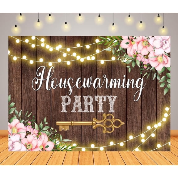 House Warming Backdrop Home Sweet Home Key Shining Lights Rustic Wooden Background Floral Housewarming New House Party Decorations Banner Photo Booth Props