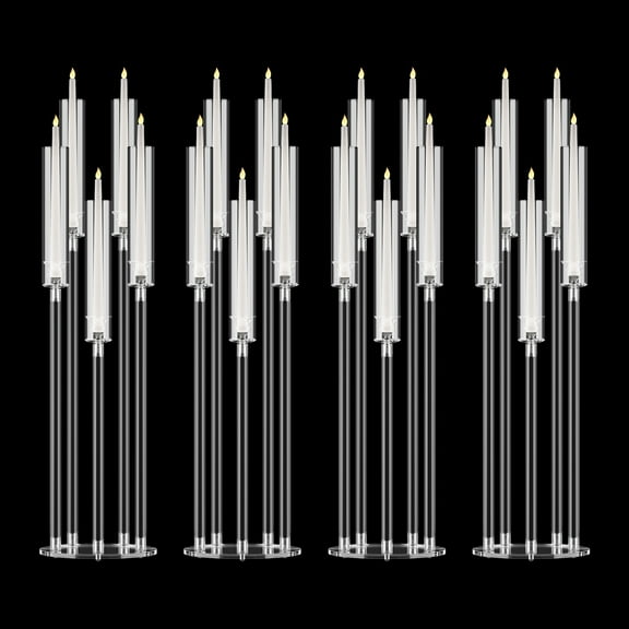 Aqzb 4Pcs Candelabra Centerpieces, Tall Candelabra, Clear Candle Taper Candlestick Holder, 5 Arm Candlesticks Holder with Acrylic Shade, LED Candle for Wedding Dinner Party