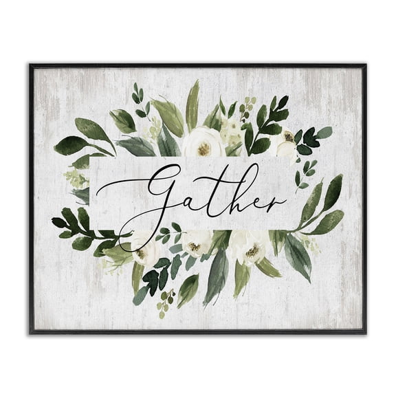 Stupell Industries Shabby Chic Gather Text White Flower Green Botanicals Distressed Pattern Black Framed Giclee Art, 14 x 11, by Lettered and Lined