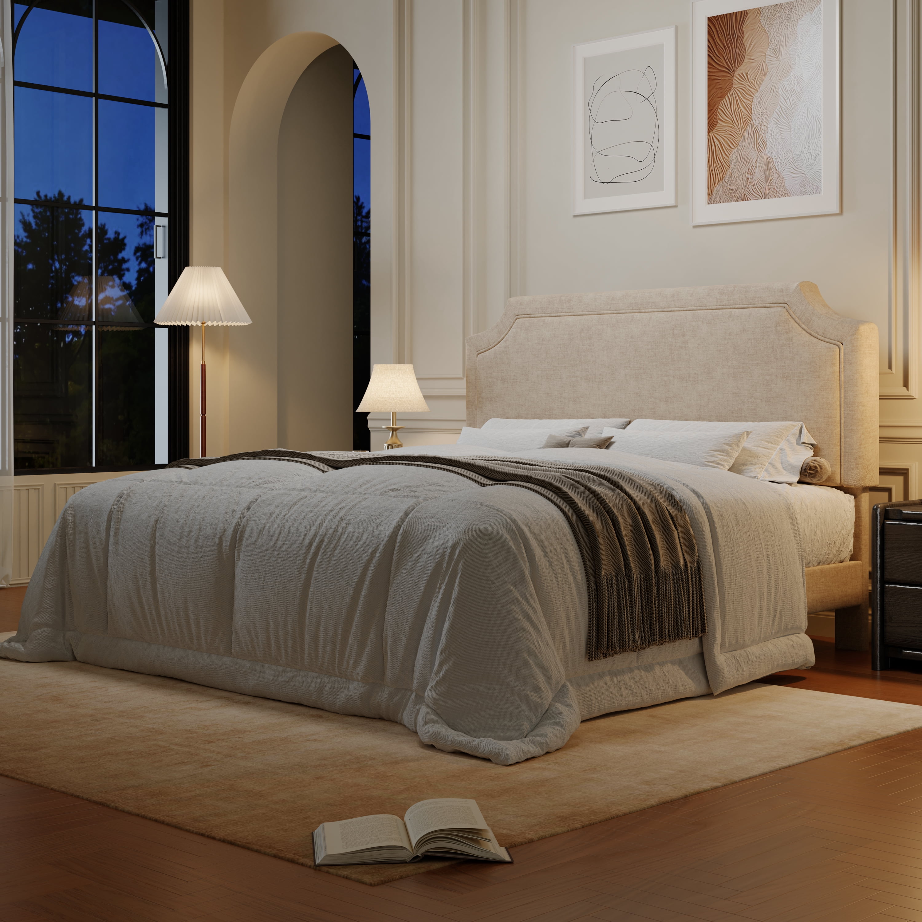 Amolife Queen Bed Frame, Upholstered Platform Bed with Streamlined Adjustable Headboard, No Box Spring Required, Beige, Chenille Fabric