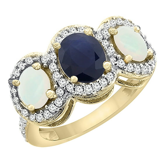 14K Yellow Gold Natural Blue Sapphire & Opal 3-Stone Ring Oval Diamond Accent, size 6