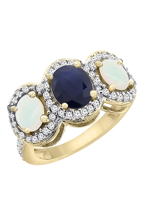 14K Yellow Gold Natural Blue Sapphire & Opal 3-Stone Ring Oval Diamond Accent, size 7