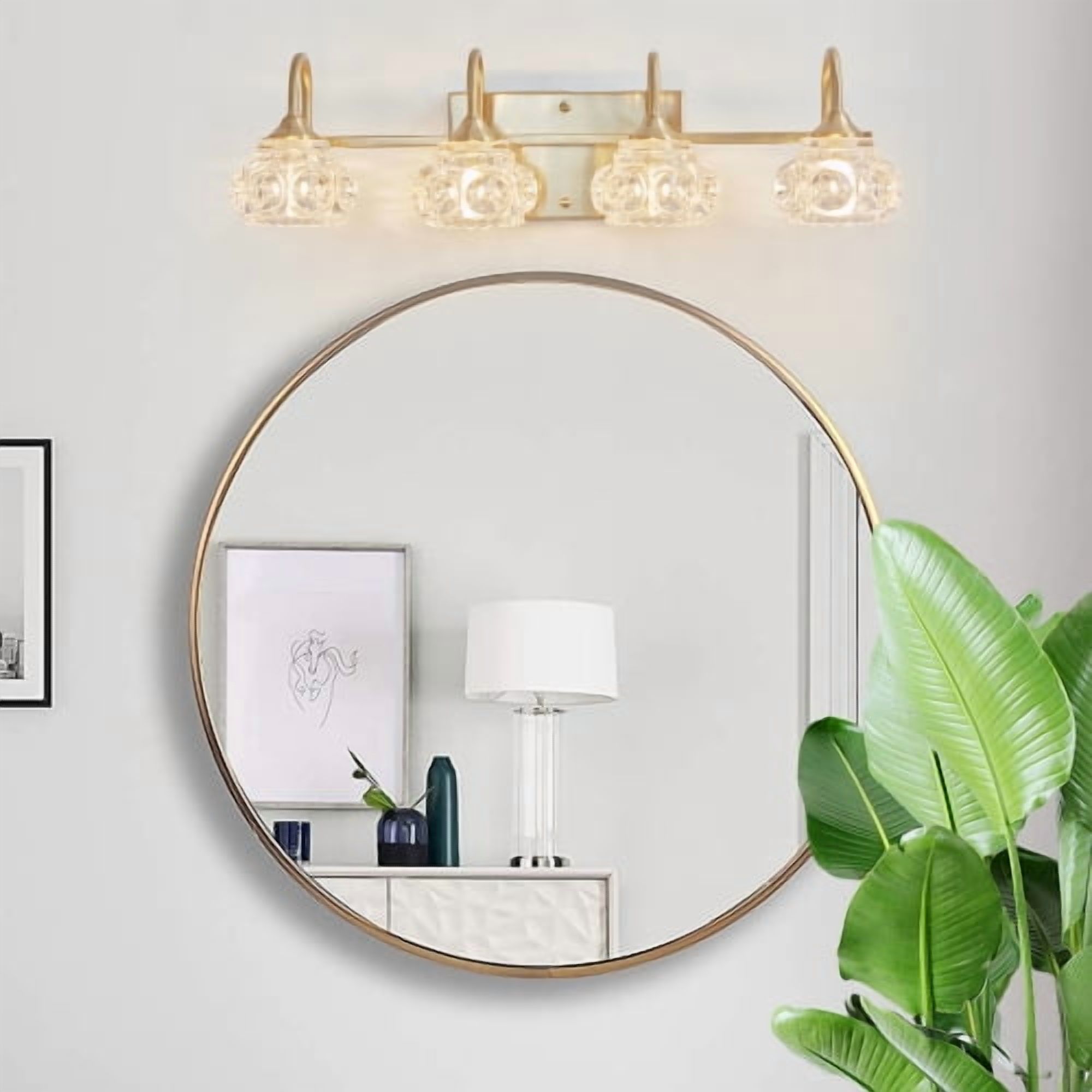 ACE-LIGHTS,Retro 4-Light Bathroom Vanity Light Fixture with Crystal Glass Shades(Bulbs Not Included),Wall Mounted Lighting for Bathroom,Dressing Room,Powder Room and Vanity Mirror(Golden）