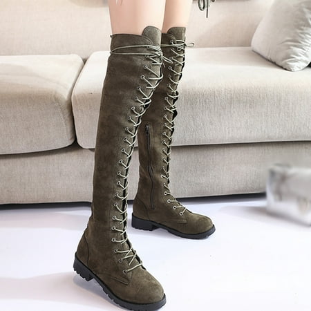 

YOTAMI Womens Shoes Women s Winter Solid Color Warm Suede Side Zipper Lace Up Knee Flat Rider Boots Army Green