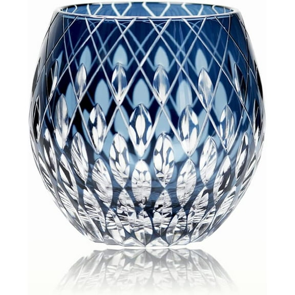 EDO Kiriko Whiskey Glasses 11OZ Unique Shape Colored Hand Carved Glass Tumbler for Bourbon Lovers - Style Glassware for Rum - Rocks glasses in Gift Box (Blue)