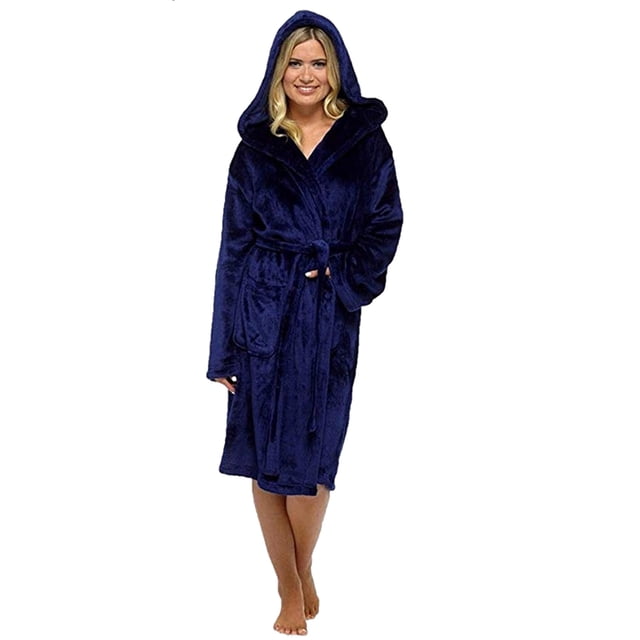 Prolriy Robes for Women Winter Coat Jacket Plush Lengthened Shawl Bathrobe Home Clothes Long Sleeved Robe Hooded Soft Coat Womens Robe Blue M