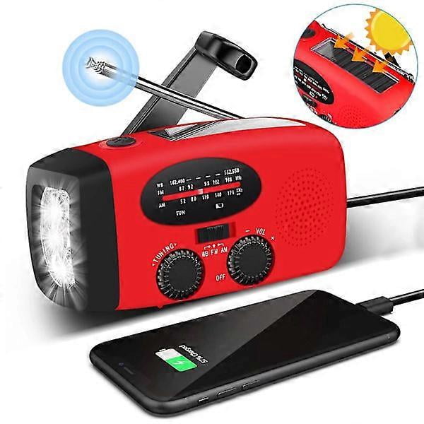 Solar powered crank radio with flashlight and 2000 mah Powerbank Sos Red