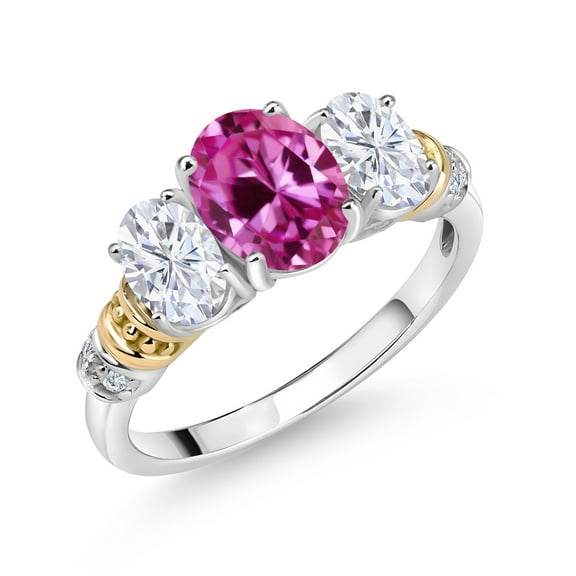 Gem Stone King 925 Sterling Silver and 10K Yellow Gold Oval Pink Created Sapphire White Moissanite and White Diamond 3 Stone Ring for Women (2.68 Cttw, Gemstone September Birthstone, Size 5)