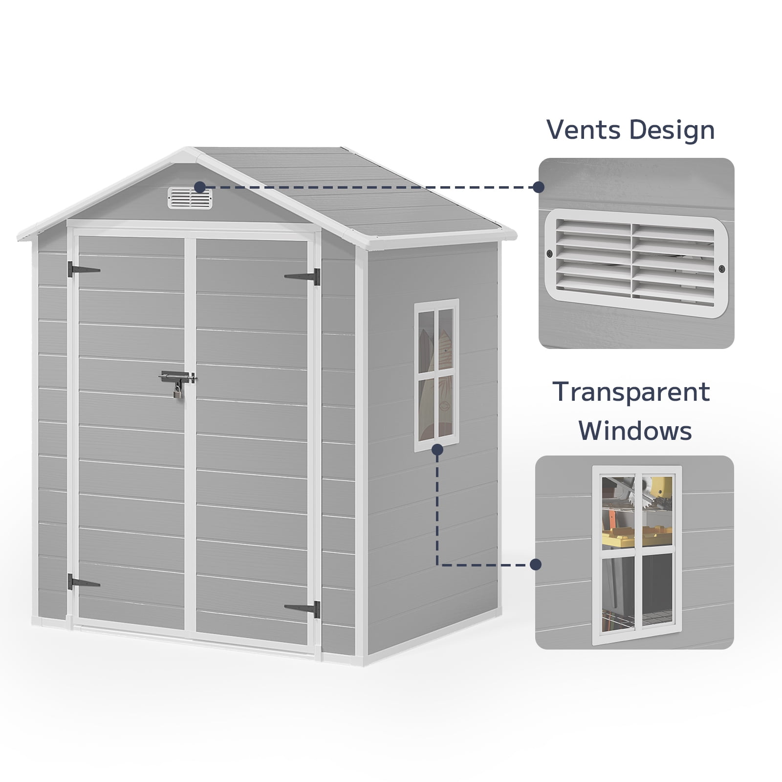 6 ft. W x 4 ft. D Outdoor Plastic Storage Shed with Floor and Lockable Door, 22.52 sq. ft., for Yard and Garden, Gray