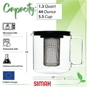 Simax Glassware 1 Quart Teapot with Metal Mesh Infuser | Plastic Lid, Microwave and Stovetop Safe, Heat, Cold, and Thermal Shock Resistant Borosilicate Glass, Makes a Stunning Presentation